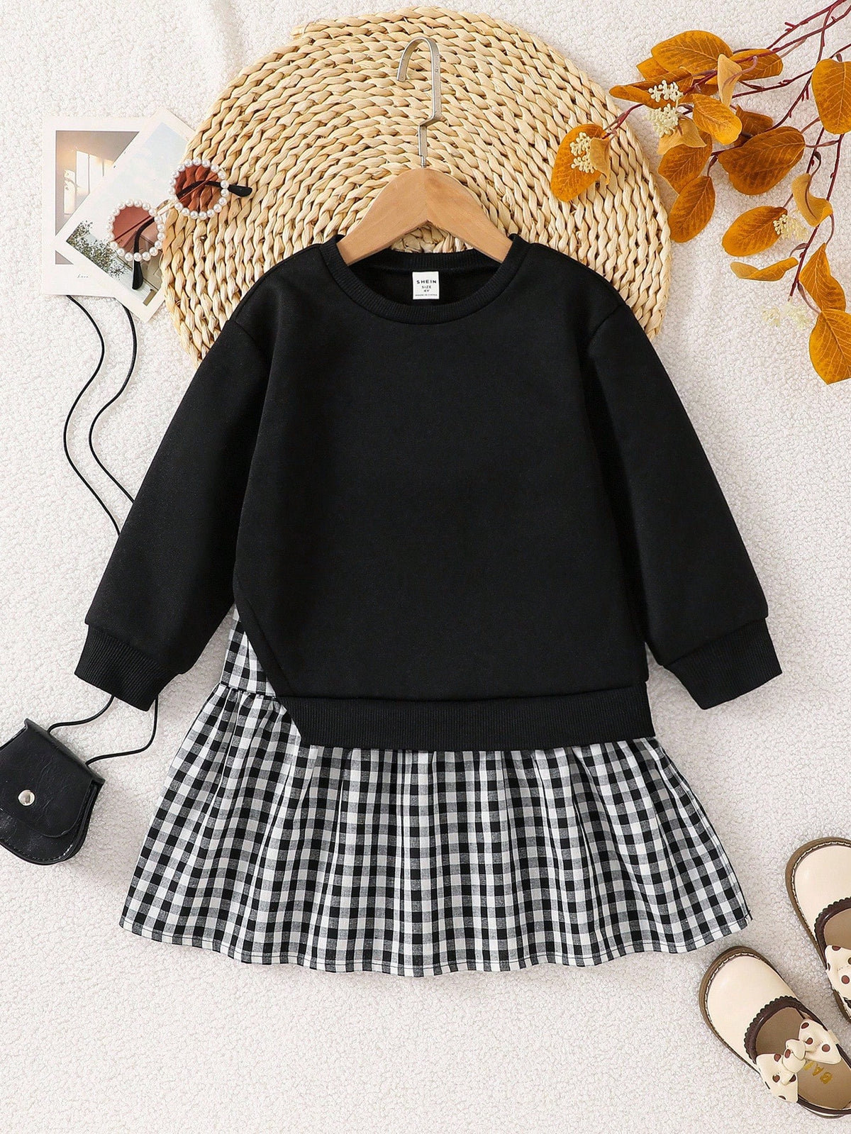 Young Girl Plaid Knit Long Sleeve Dress 2 Piece Set