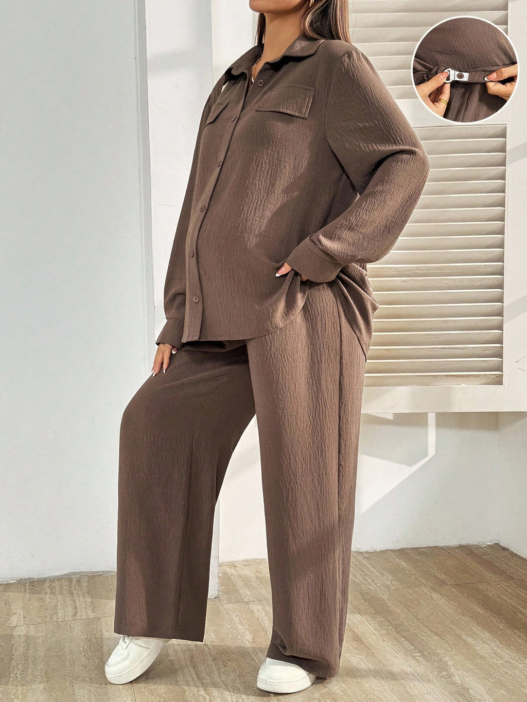 Maternity Button-Up Shirt & Adjustable Pants Set Brown