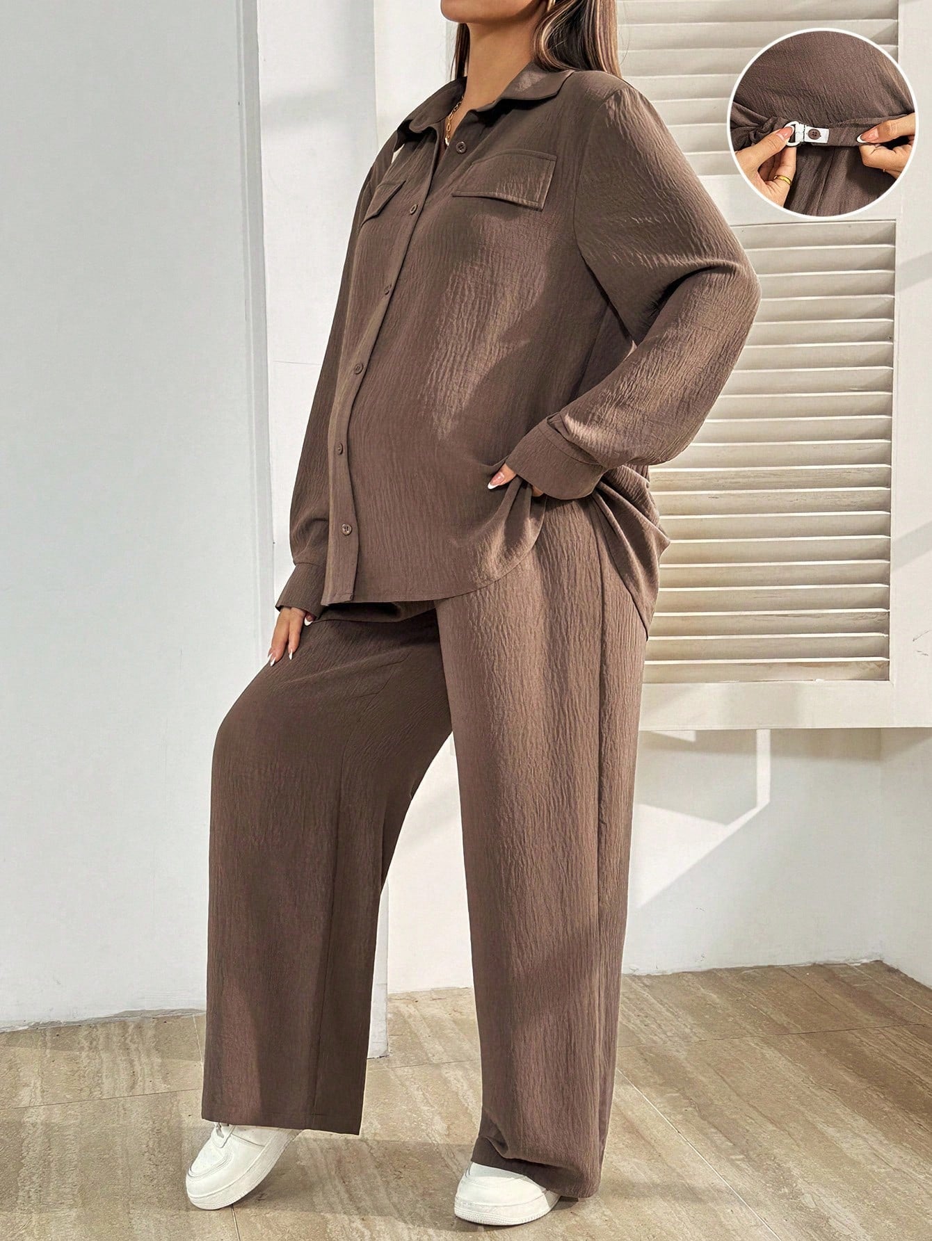 Maternity Button-Up Shirt & Adjustable Pants Set Brown