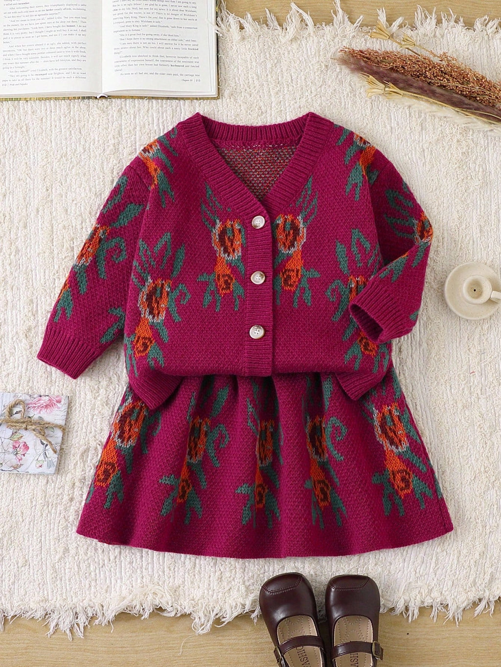 Girls' Pink Floral Cardigan & Pleated Skirt Set