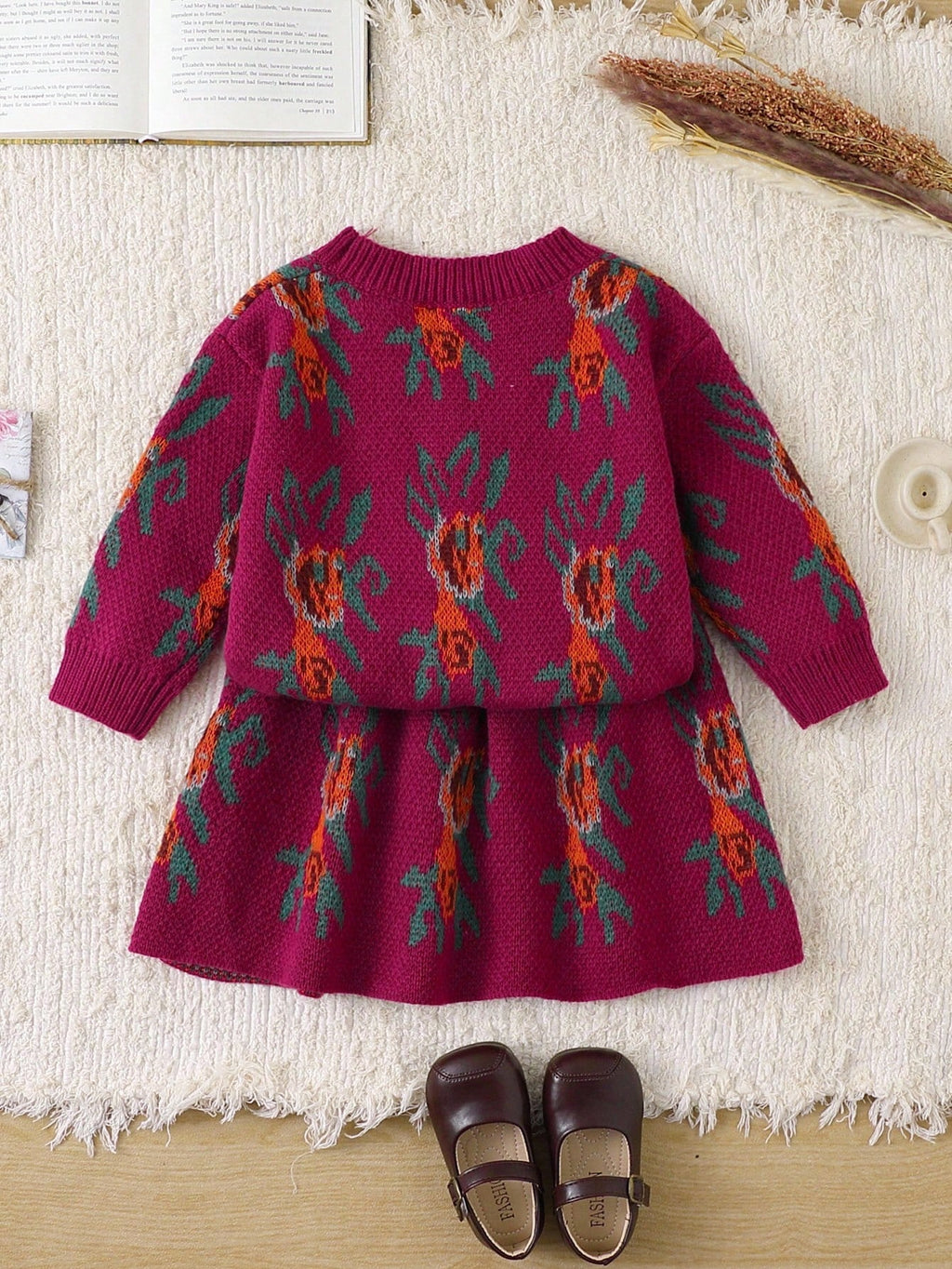 Girls' Pink Floral Cardigan & Pleated Skirt Set