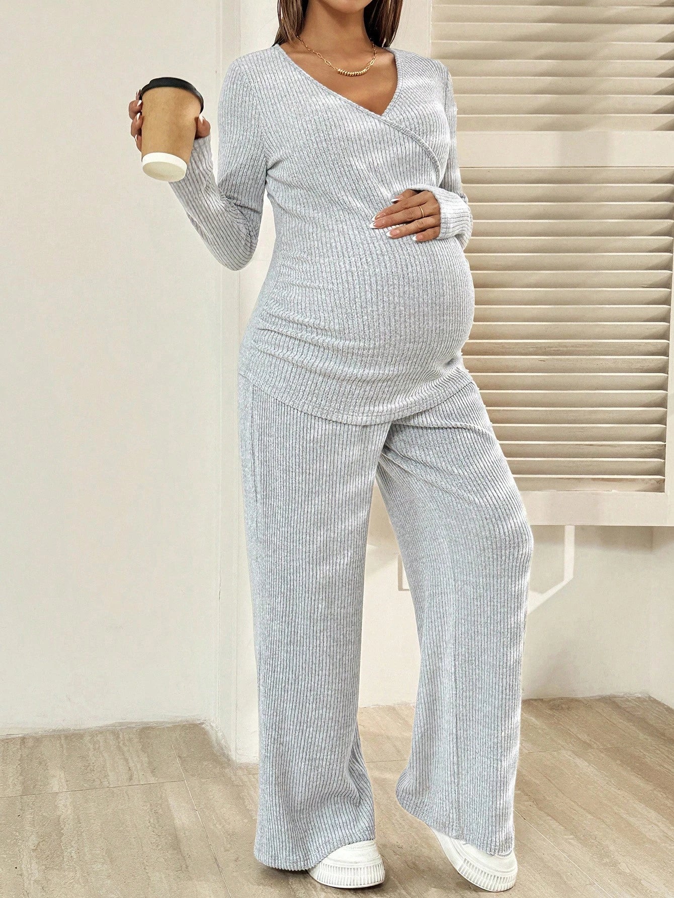 Maternity Ribbed Nursing Top & Adjustable Pants 2-Piece Set Grey