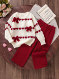 Young Girl Red Heart Bow Knitted Sweater 2 Piece Set