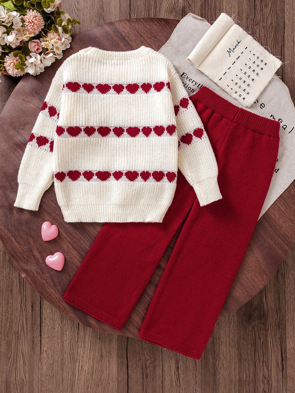 Young Girl Red Heart Bow Knitted Sweater 2 Piece Set