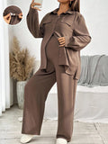 Maternity Button-Up Shirt & Adjustable Pants Set Brown
