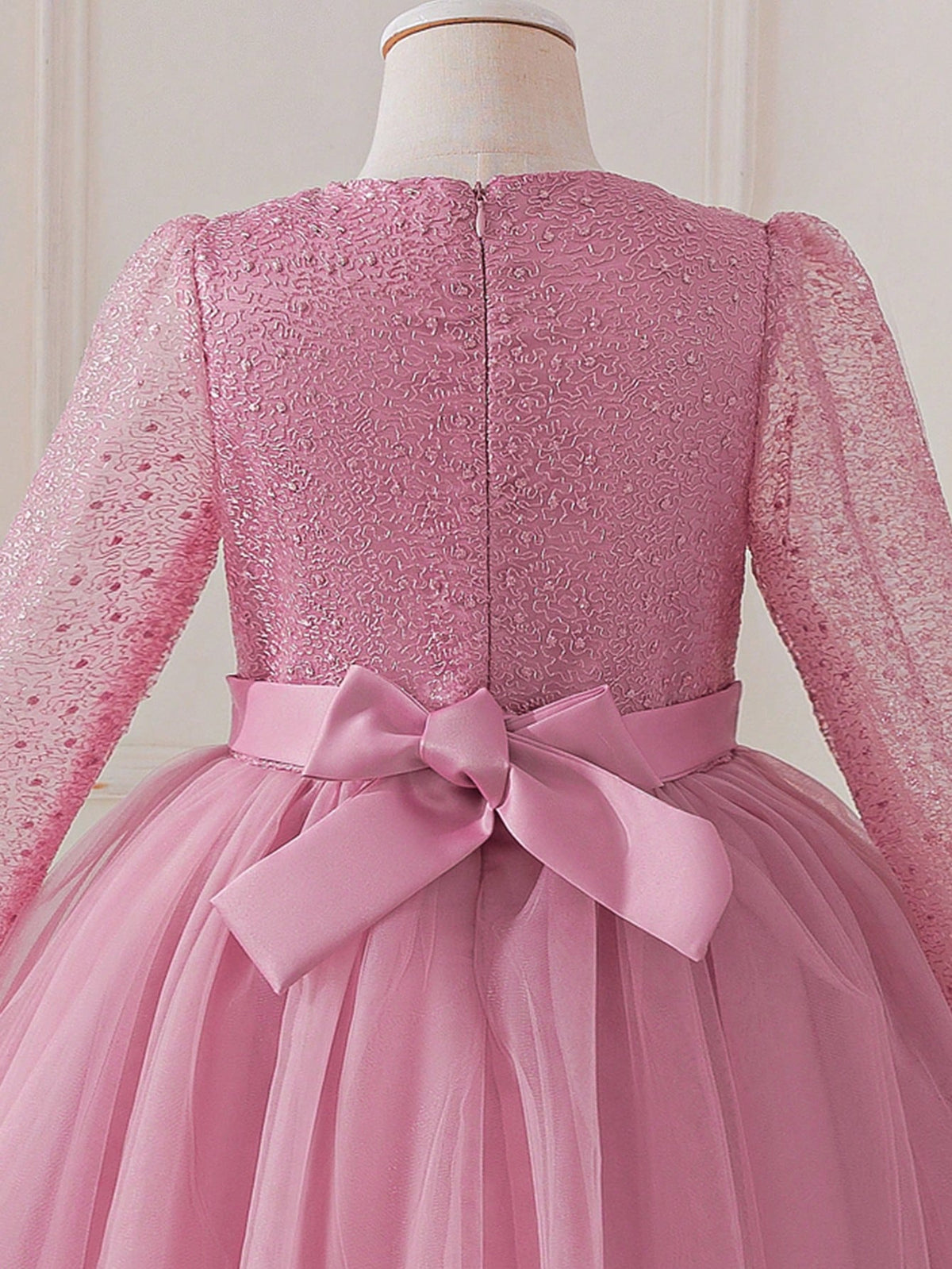 Young Girl Lace Beaded Mesh Long Sleeve Tulle Dress
