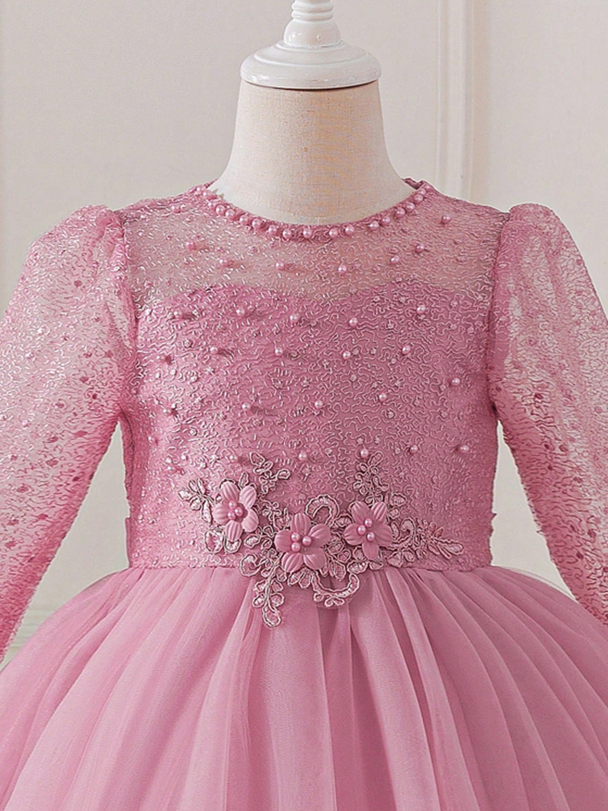 Young Girl Lace Beaded Mesh Long Sleeve Tulle Dress