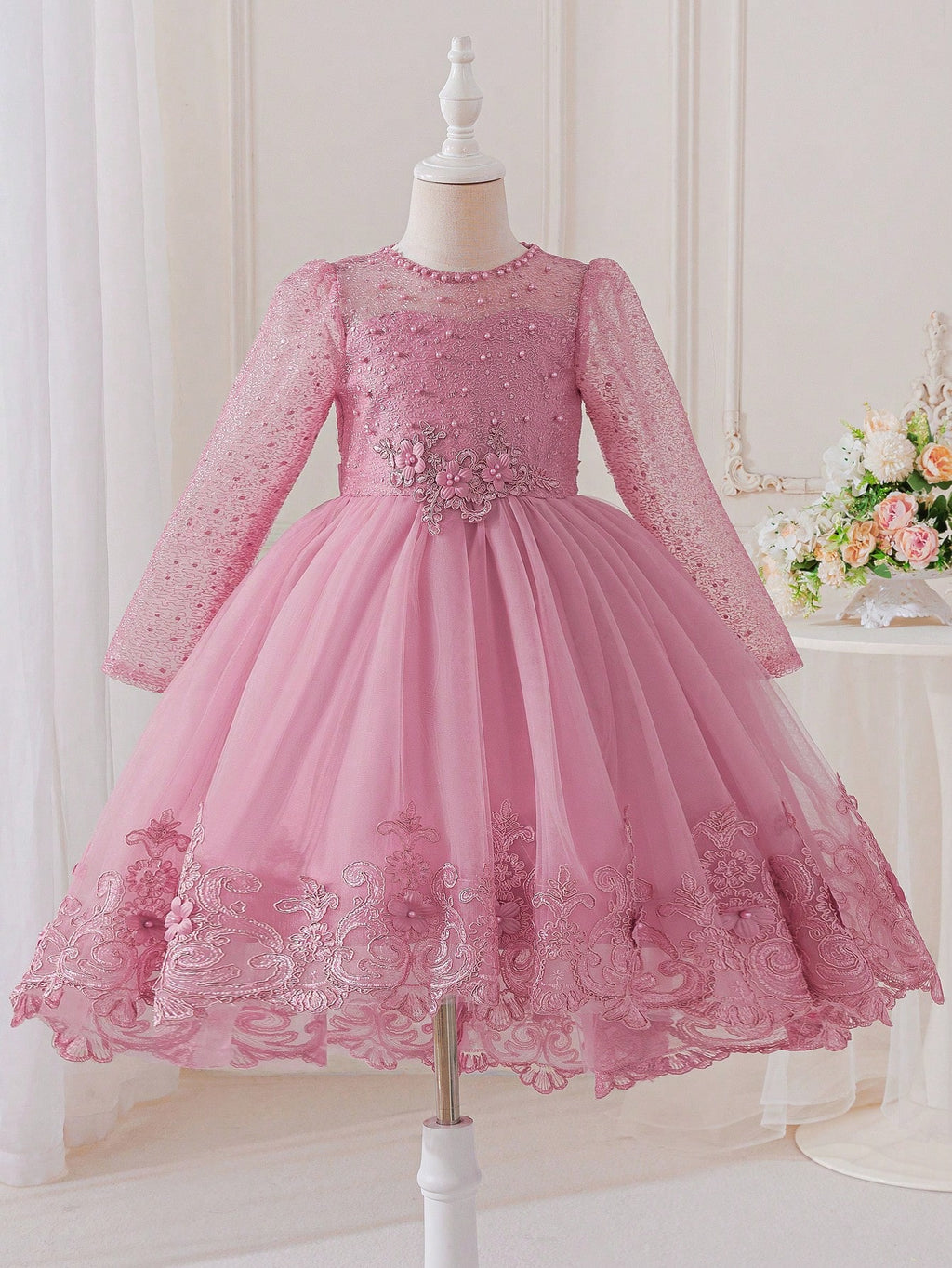 Young Girl Lace Beaded Mesh Long Sleeve Tulle Dress