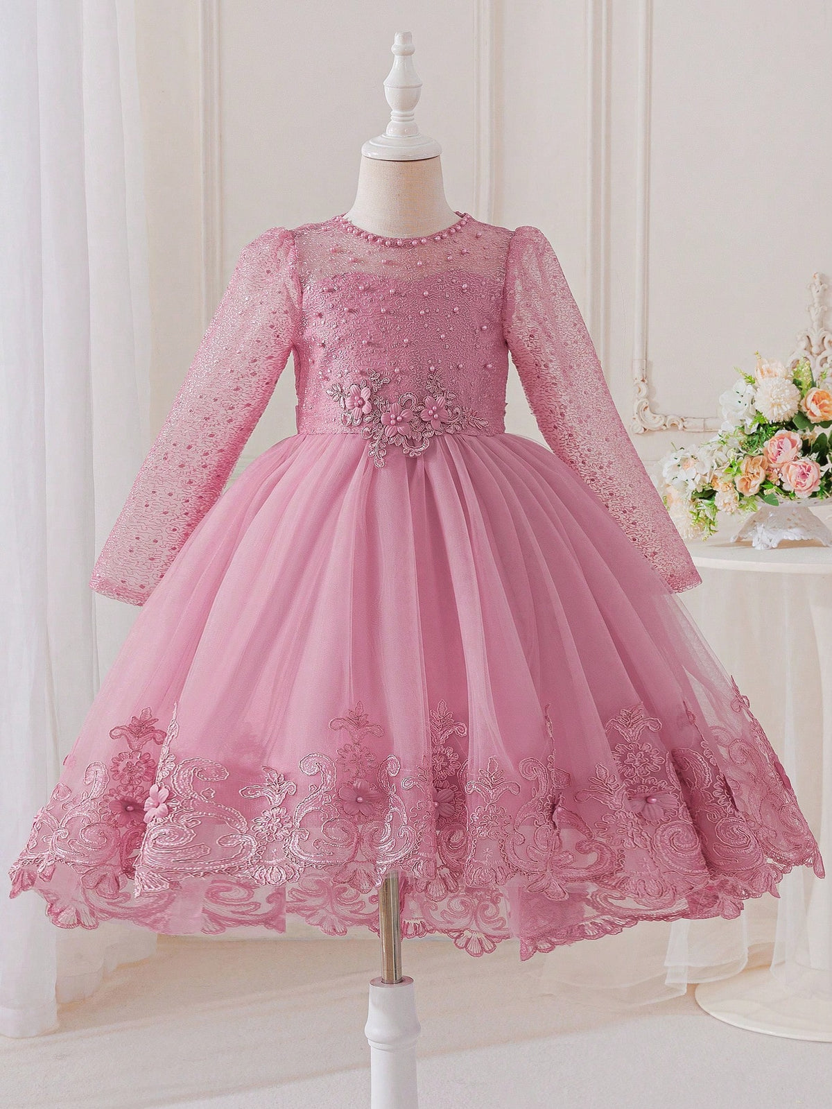 Young Girl Lace Beaded Mesh Long Sleeve Tulle Dress