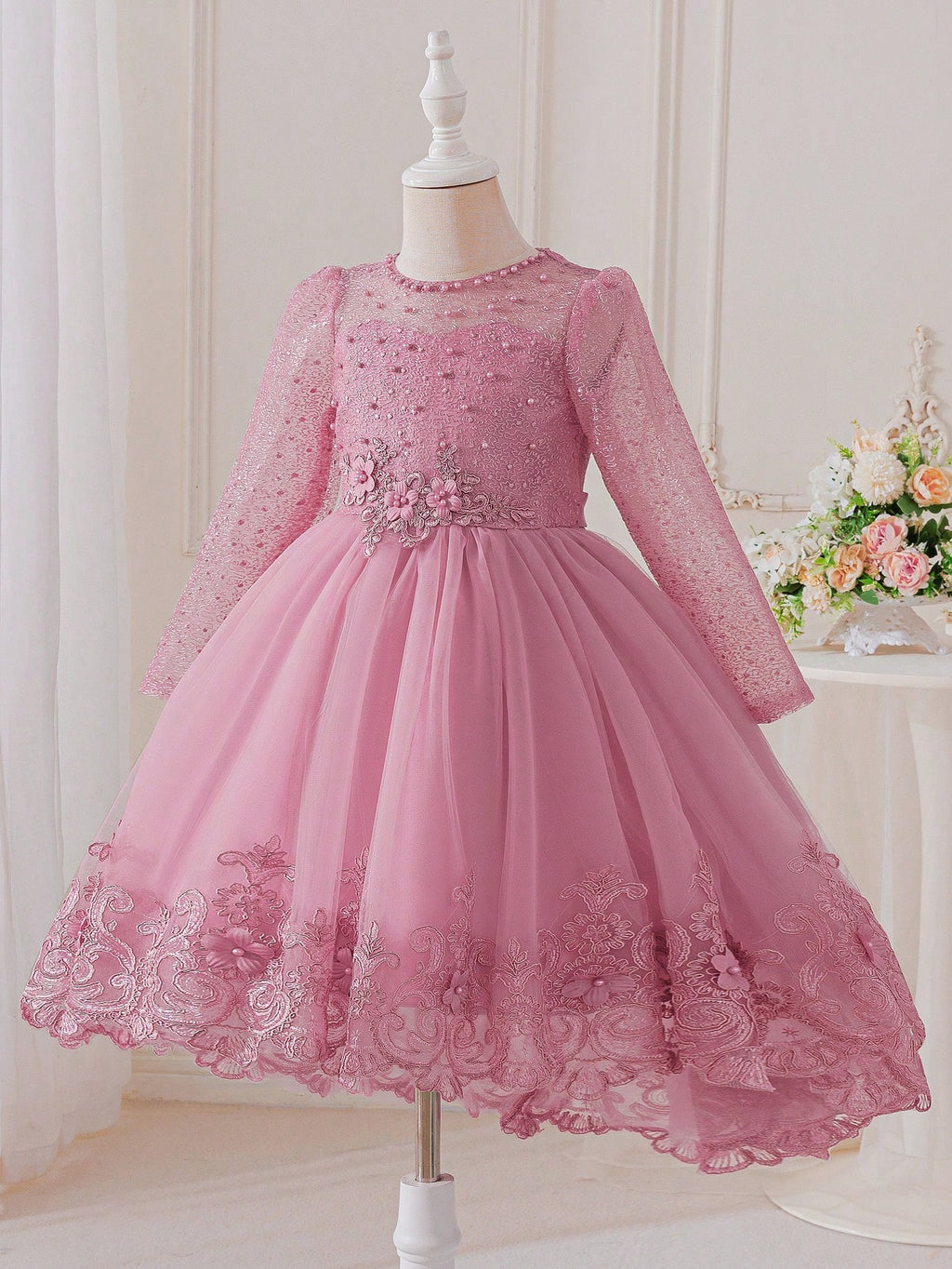 Young Girl Lace Beaded Mesh Long Sleeve Tulle Dress