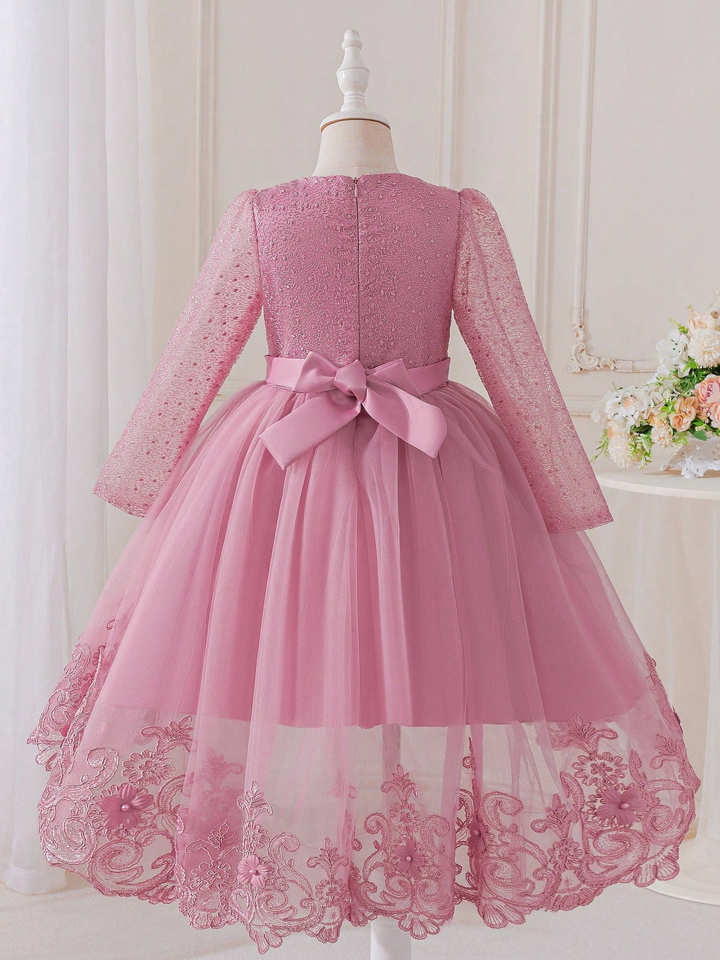Young Girl Lace Beaded Mesh Long Sleeve Tulle Dress