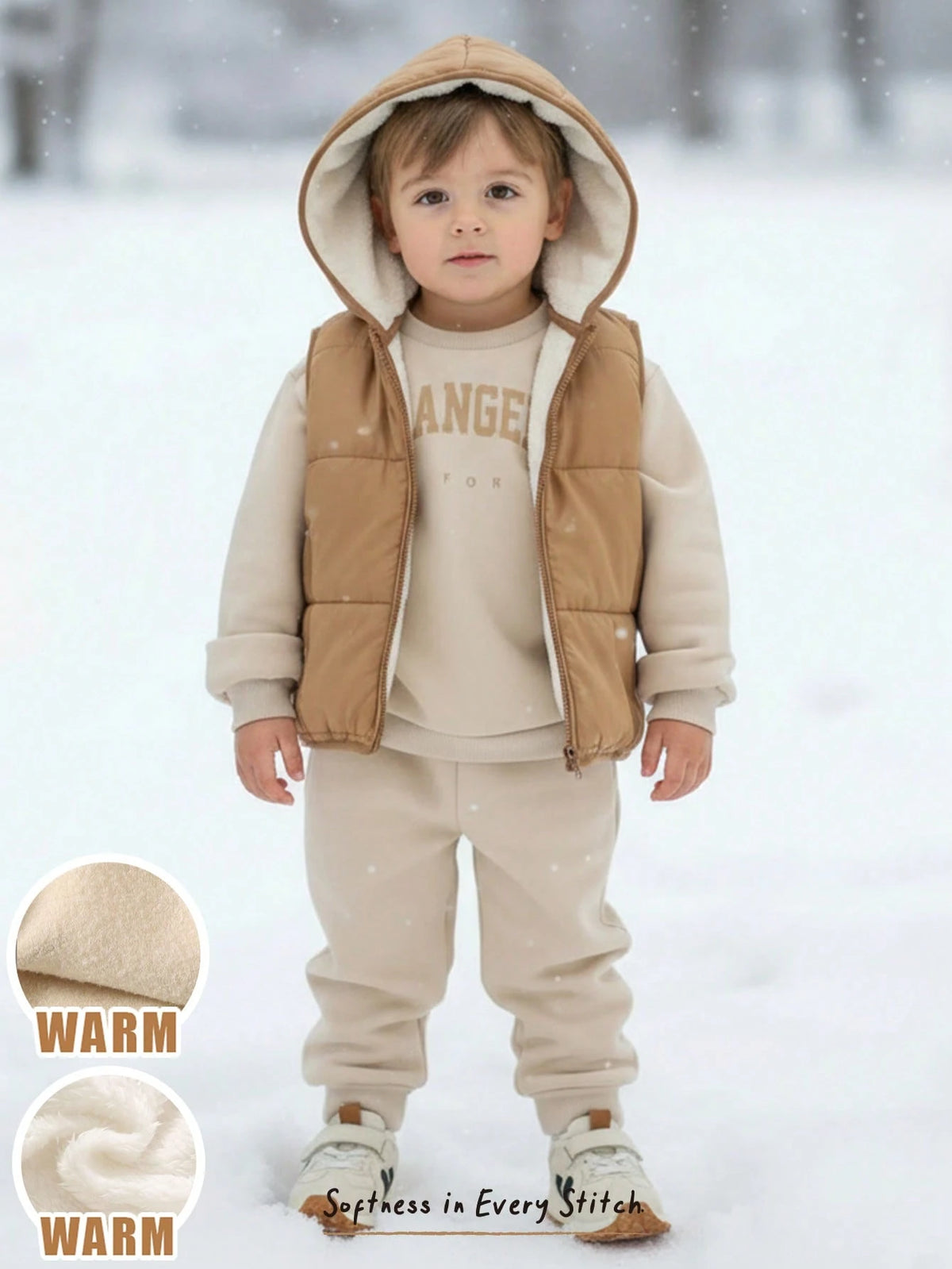Bambinoo x Cozy Pixies Boys' Letter Print Hoodie, Vest & Pants Set (3-Piece)