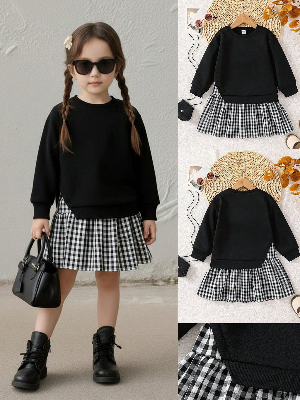 Young Girl Plaid Knit Long Sleeve Dress 2 Piece Set