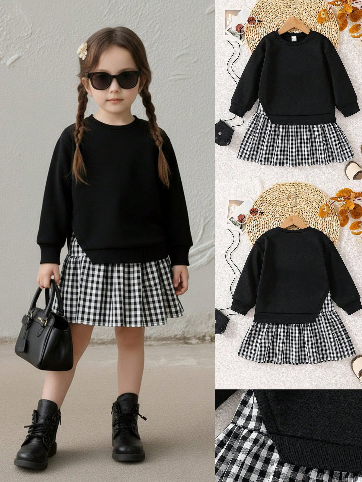 Young Girl Plaid Knit Long Sleeve Dress 2 Piece Set