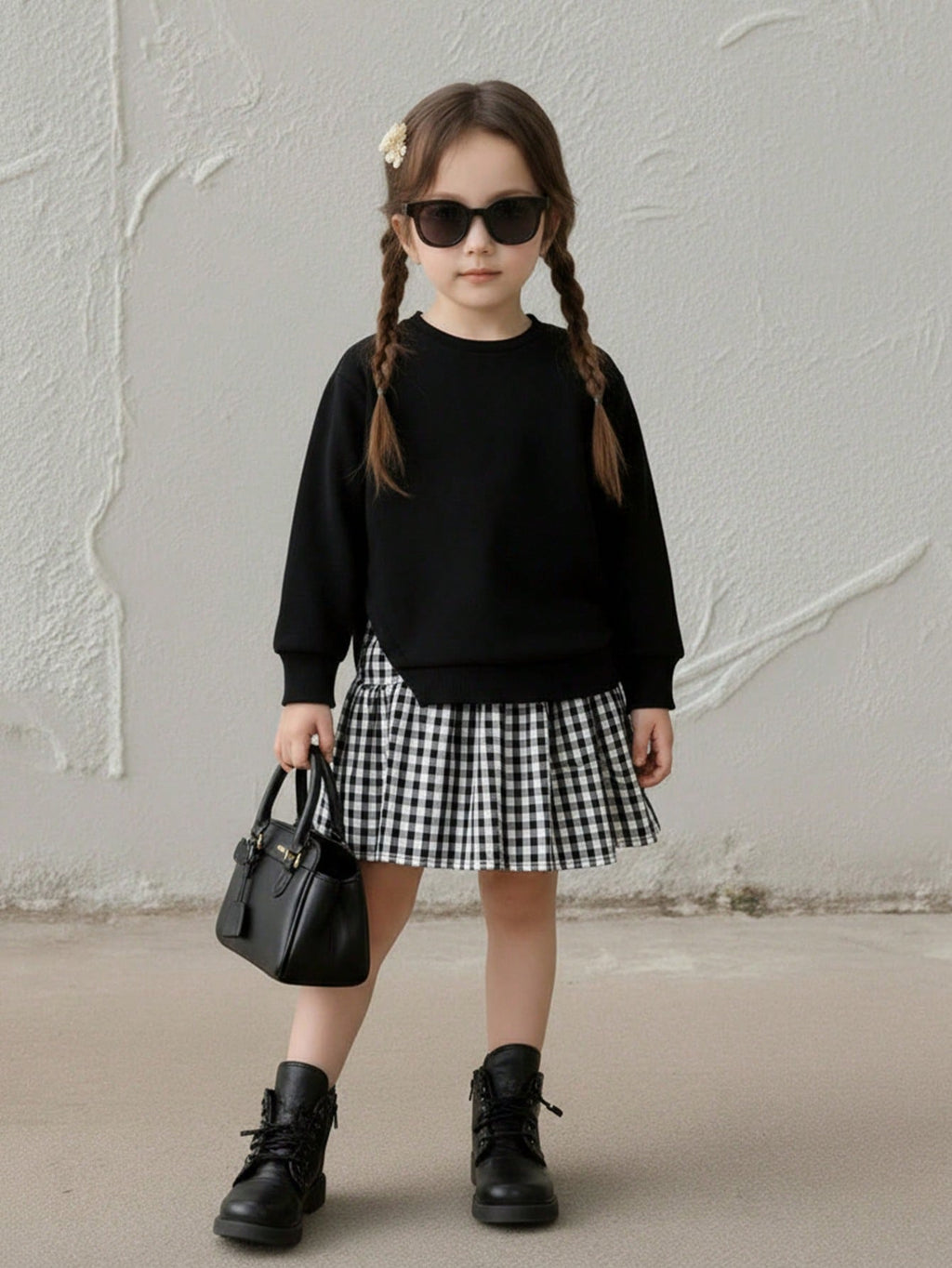 Young Girl Plaid Knit Long Sleeve Dress 2 Piece Set