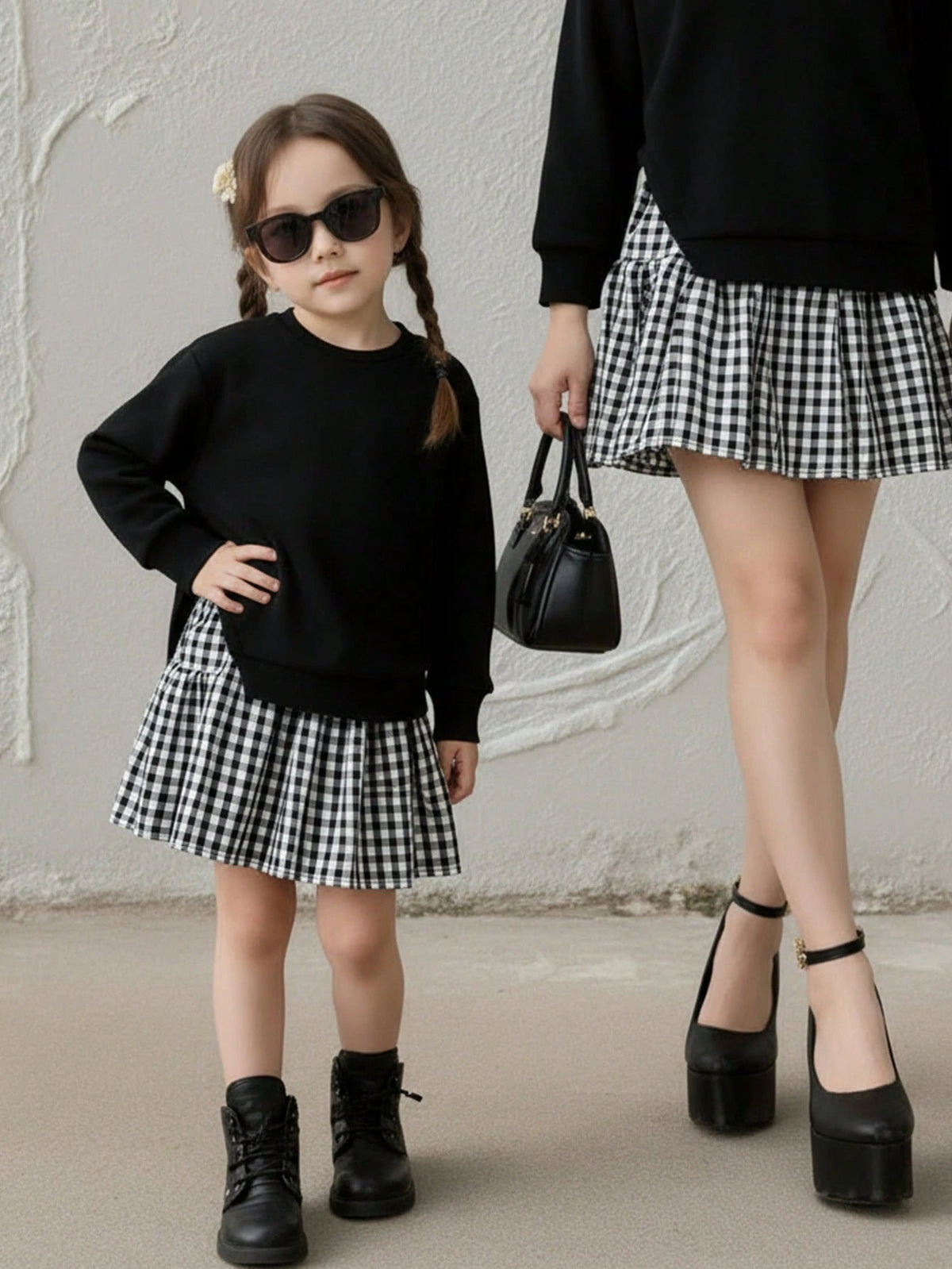 Young Girl Plaid Knit Long Sleeve Dress 2 Piece Set
