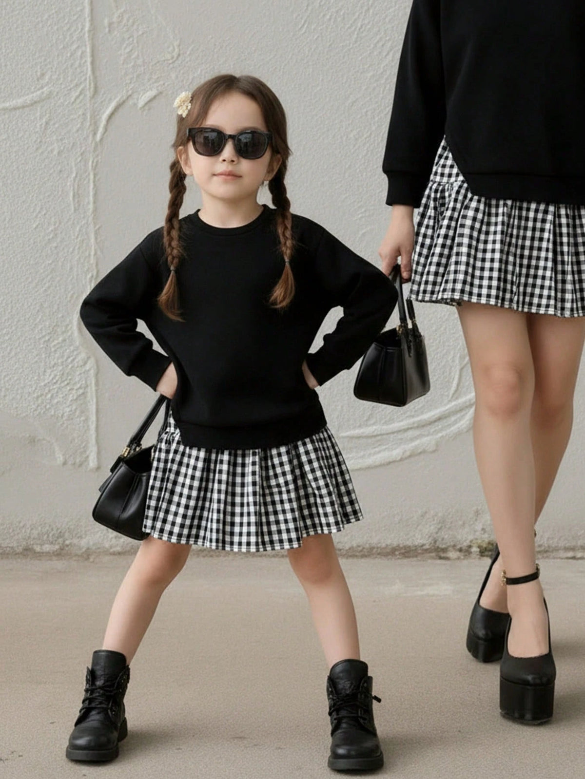 Young Girl Plaid Knit Long Sleeve Dress 2 Piece Set