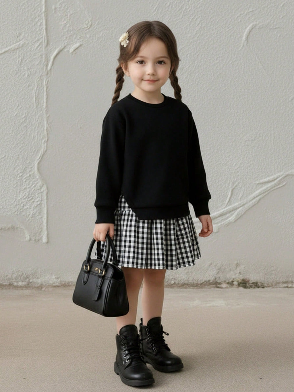 Young Girl Plaid Knit Long Sleeve Dress 2 Piece Set