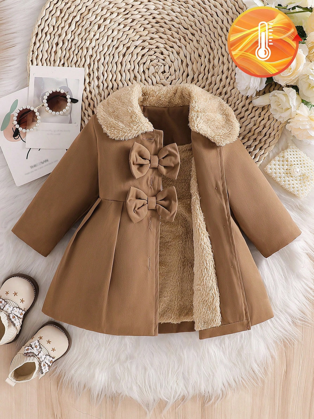 Baby Girl Faux Fur Collar Bow Trench Coat - Coffee Brown