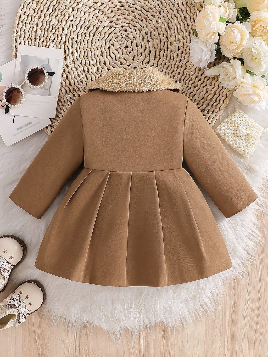 Baby Girl Faux Fur Collar Bow Trench Coat - Coffee Brown