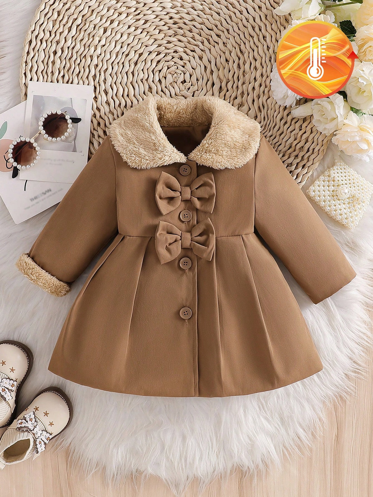 Baby Girl Faux Fur Collar Bow Trench Coat - Coffee Brown