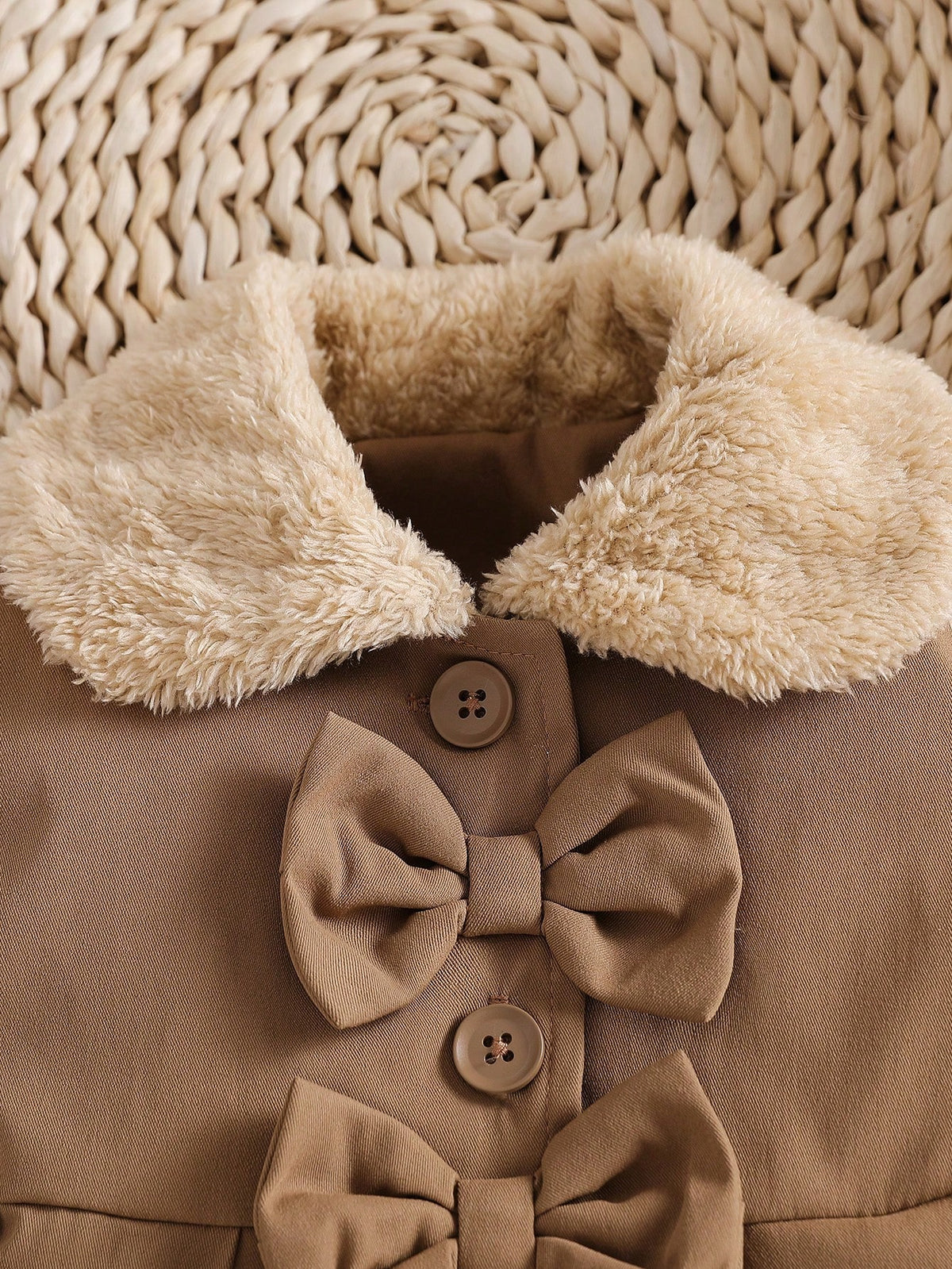 Baby Girl Faux Fur Collar Bow Trench Coat - Coffee Brown
