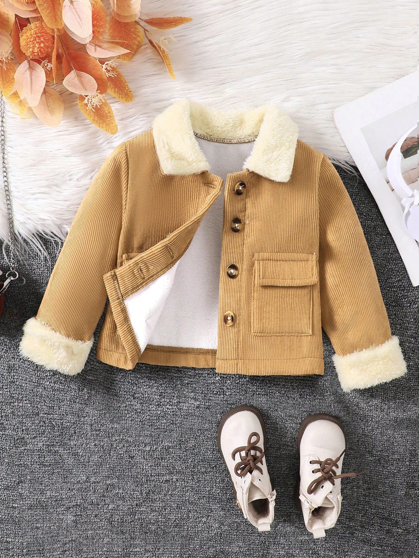 Veste Fille Velours Côtelé Col Fourrure
