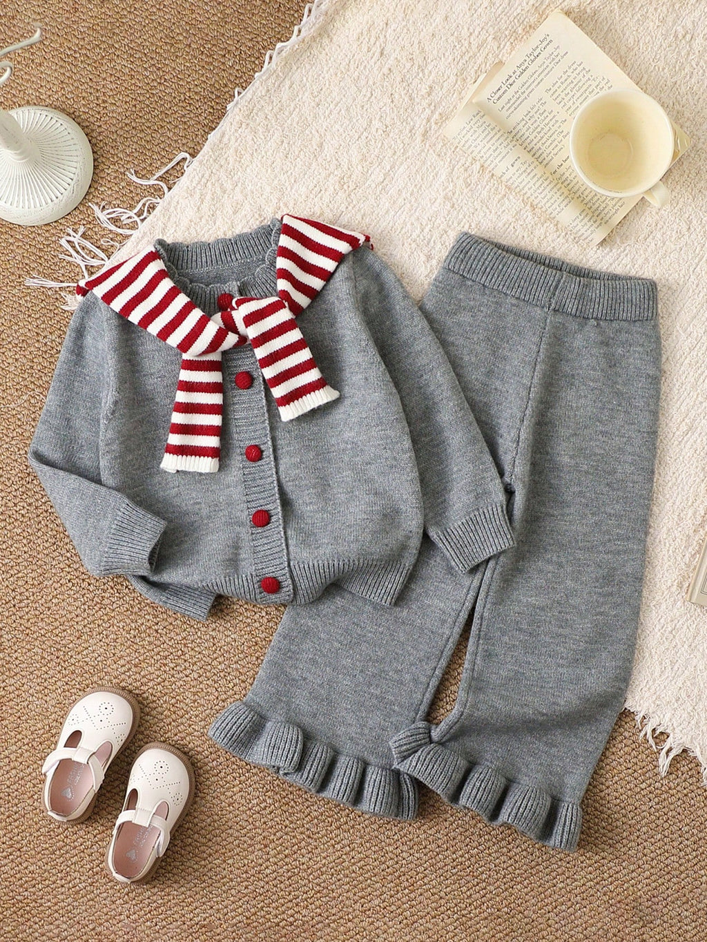 Toddler Girl Rainbow Pom Pom Cardigan Flared Pants 3 Piece Set