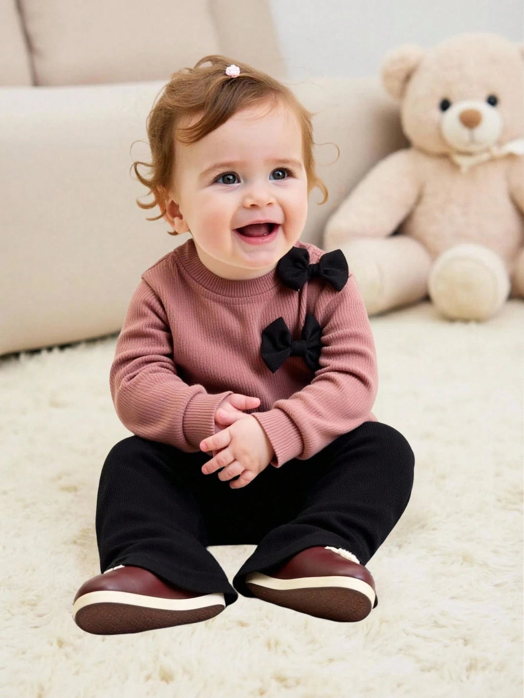 Infant Girl Sweatshirt Bow Bell Bottom Pants Set