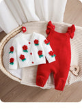 Newborn Baby Girl Red Floral Knitted Overalls Set