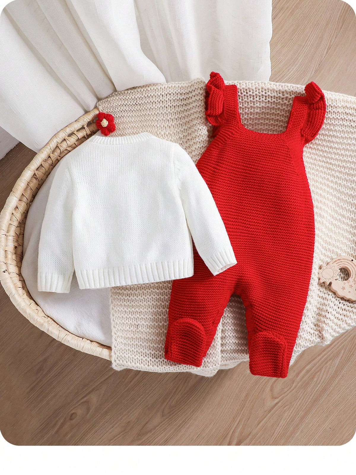 Newborn Baby Girl Red Floral Knitted Overalls Set