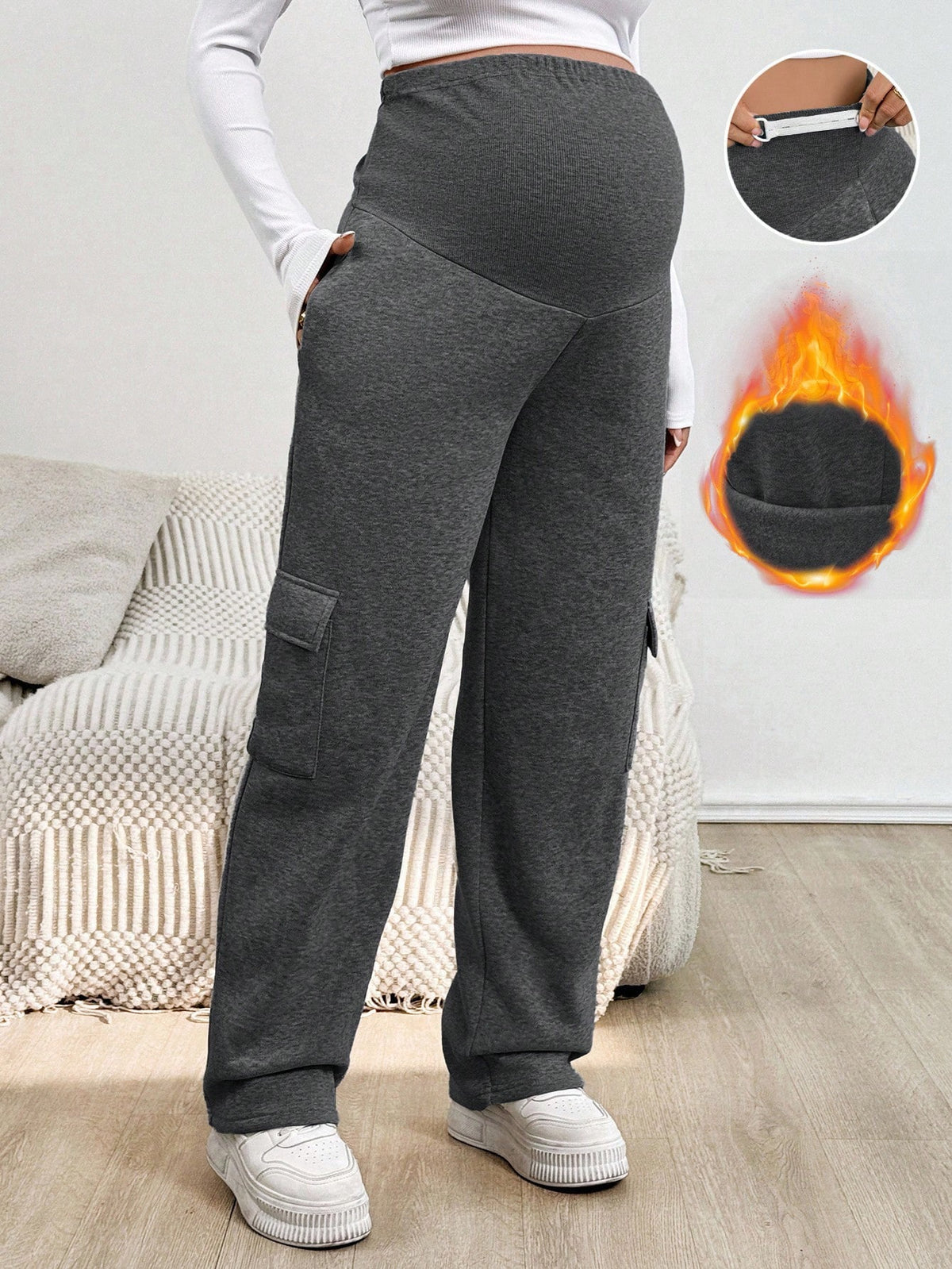 Maternity Dark Grey Adjustable-Waist Fleece Casual Sweatpants