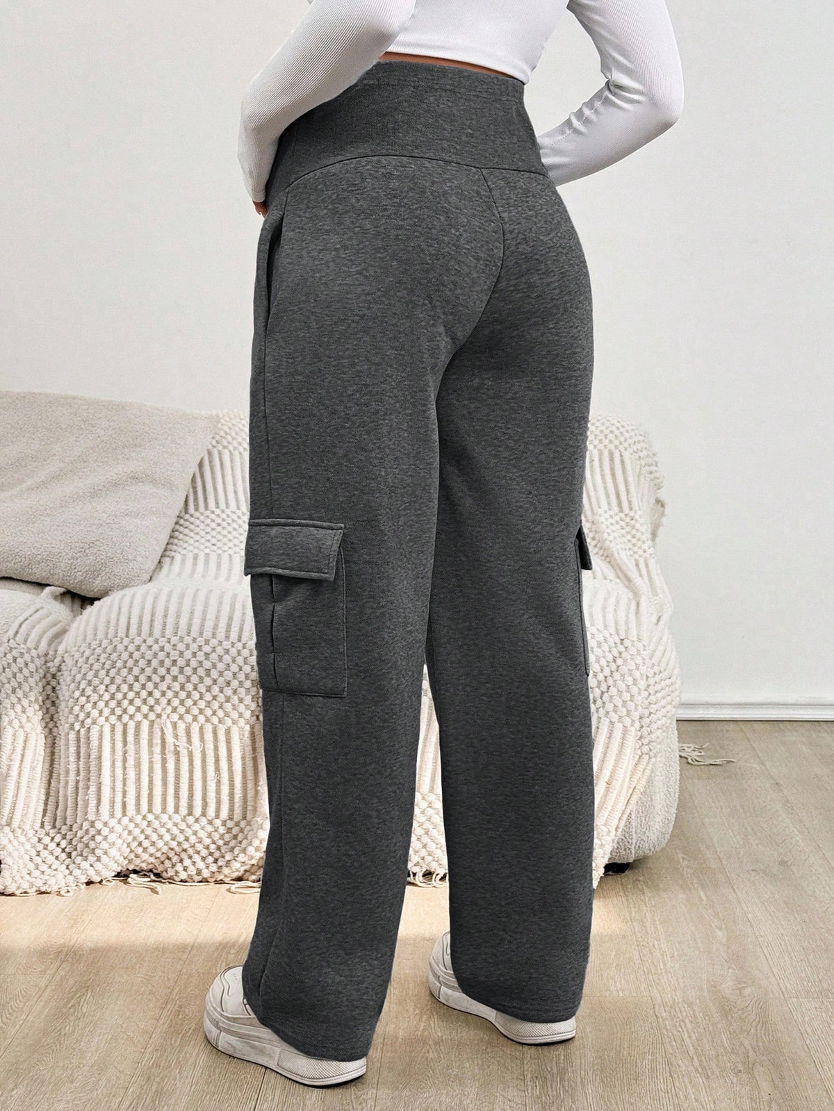 Maternity Dark Grey Adjustable-Waist Fleece Casual Sweatpants