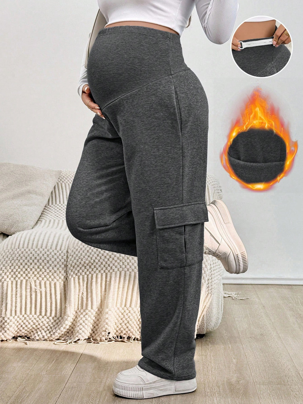 Maternity Dark Grey Adjustable-Waist Fleece Casual Sweatpants