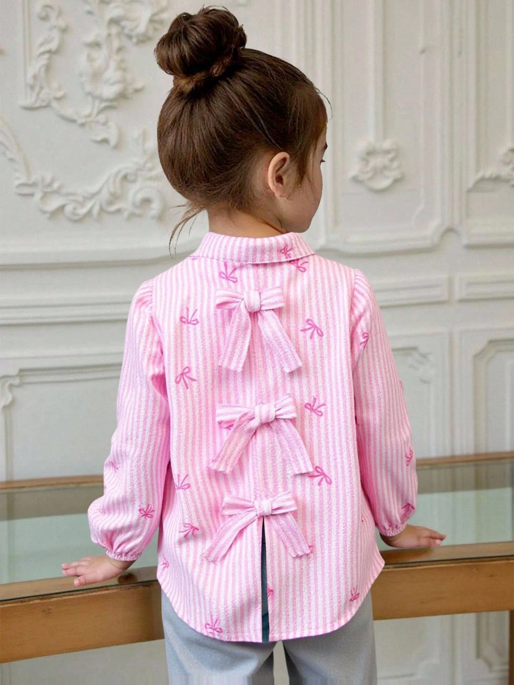 Girls' Bow Decor Lantern Sleeve Blouse