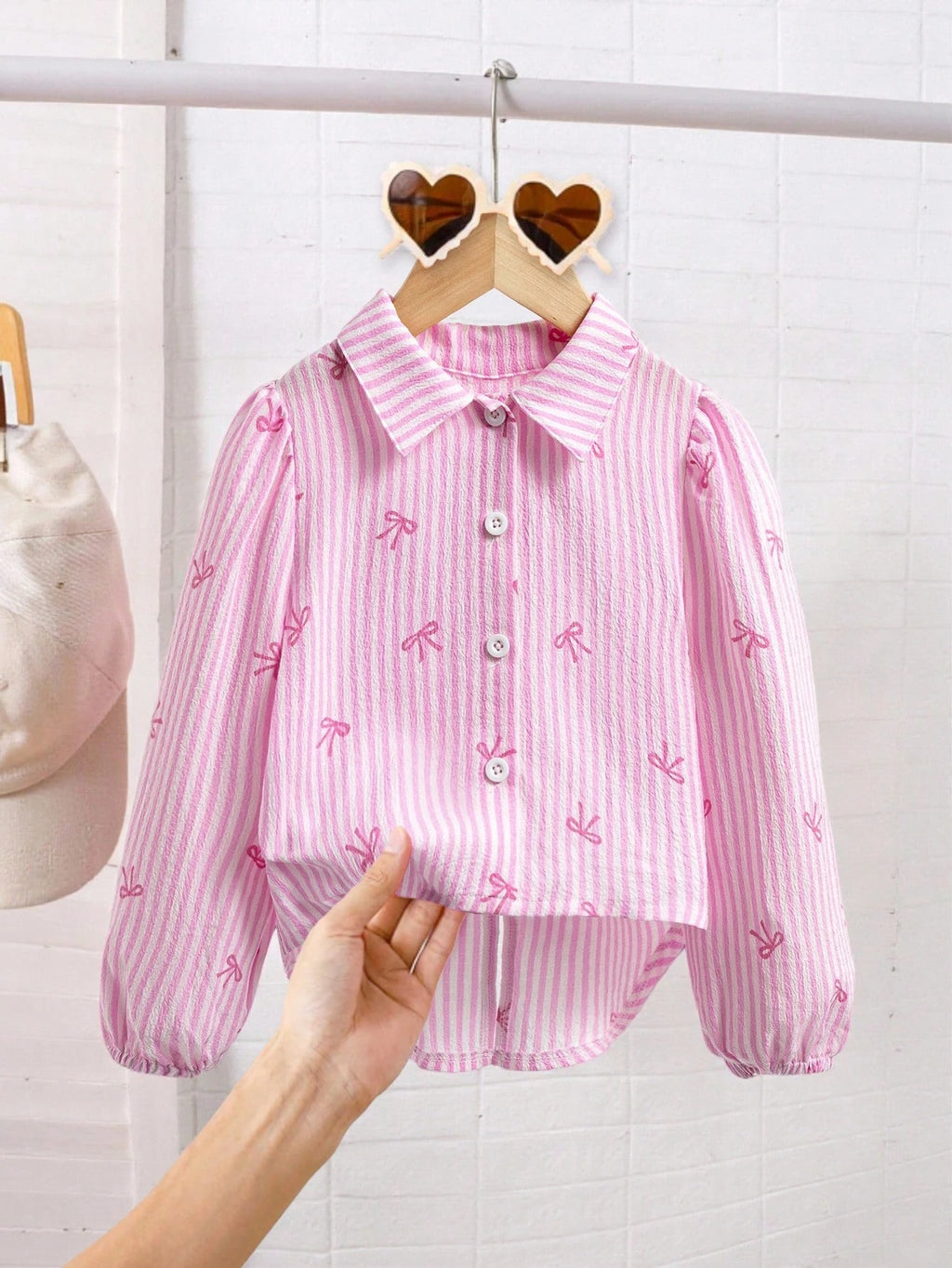 Girls' Bow Decor Lantern Sleeve Blouse