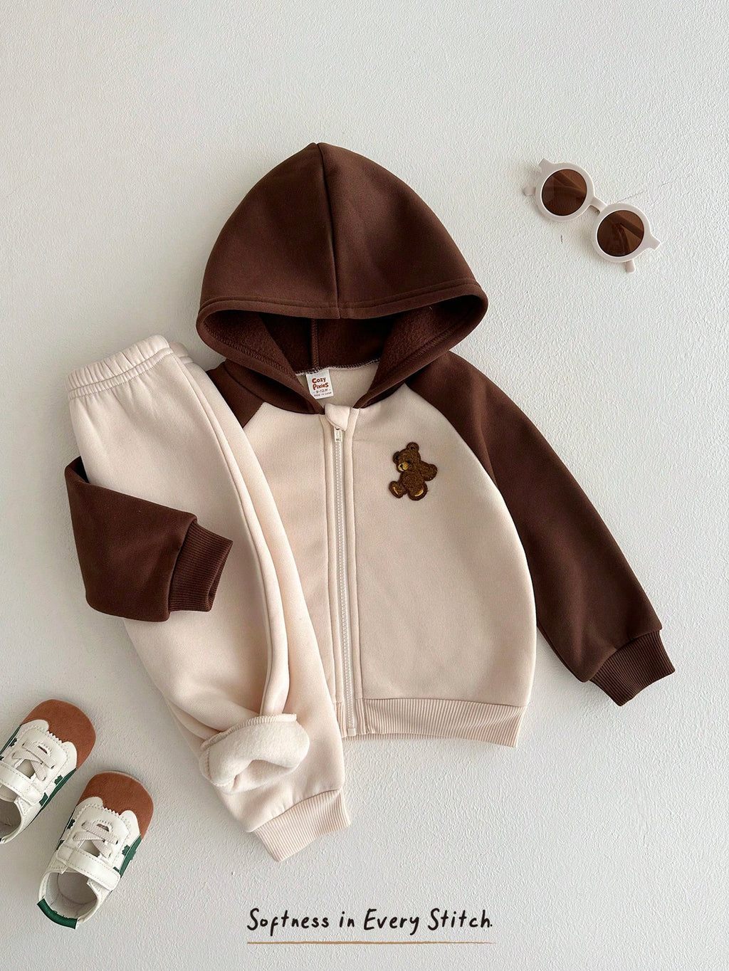 Ensemble 2 pièces pour bébés garçons, motif ours de dessin animé, veste d'automne à manches raglan de couleur contrastée et pantalon épais doublé thermique à taille élastique, adapté à l'hiver, noir et blanc
