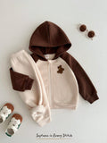 Ensemble 2 pièces pour bébés garçons, motif ours de dessin animé, veste d'automne à manches raglan de couleur contrastée et pantalon épais doublé thermique à taille élastique, adapté à l'hiver, noir et blanc