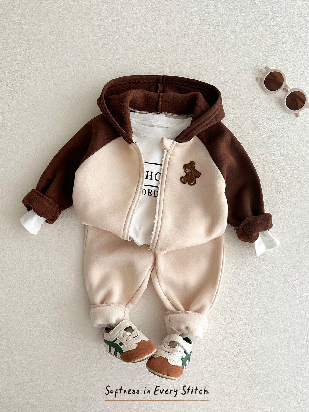 Ensemble 2 pièces pour bébés garçons, motif ours de dessin animé, veste d'automne à manches raglan de couleur contrastée et pantalon épais doublé thermique à taille élastique, adapté à l'hiver, noir et blanc