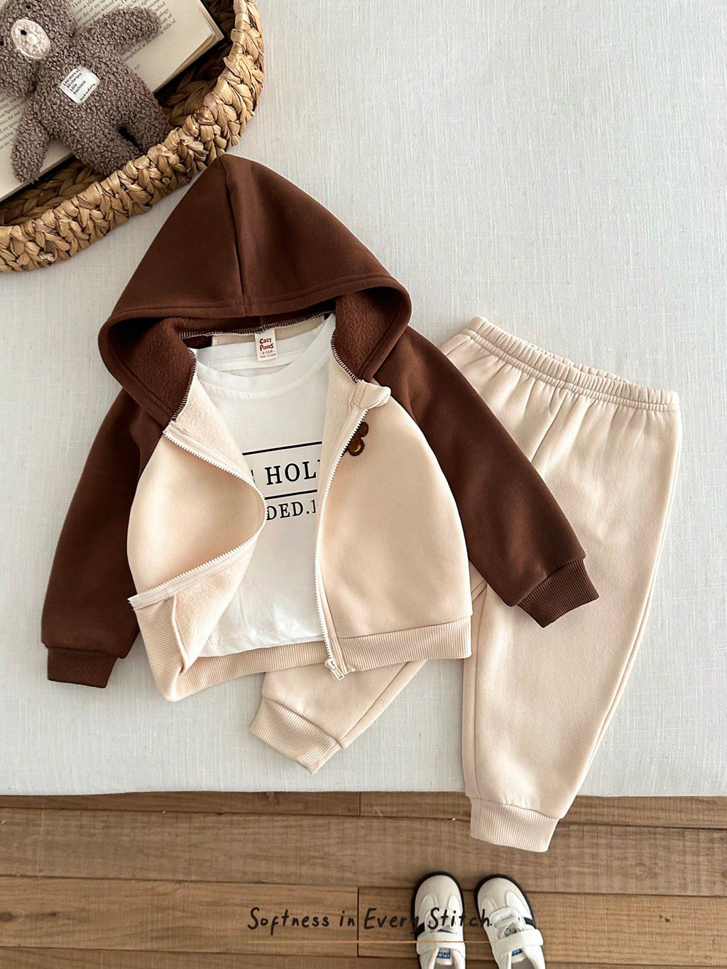 Ensemble 2 pièces pour bébés garçons, motif ours de dessin animé, veste d'automne à manches raglan de couleur contrastée et pantalon épais doublé thermique à taille élastique, adapté à l'hiver, noir et blanc