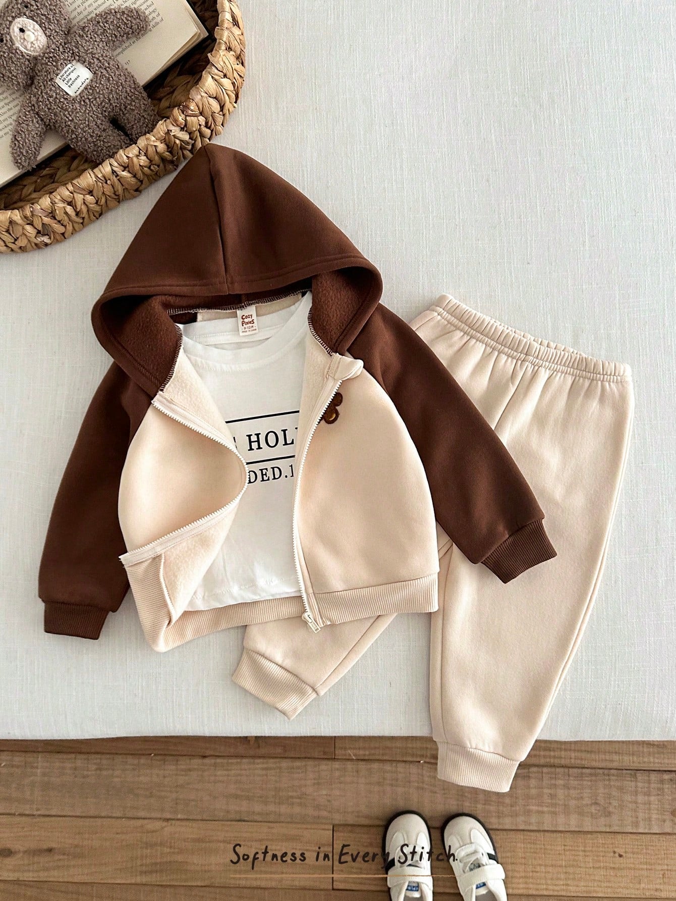 Ensemble 2 pièces pour bébés garçons, motif ours de dessin animé, veste d'automne à manches raglan de couleur contrastée et pantalon épais doublé thermique à taille élastique, adapté à l'hiver, noir et blanc