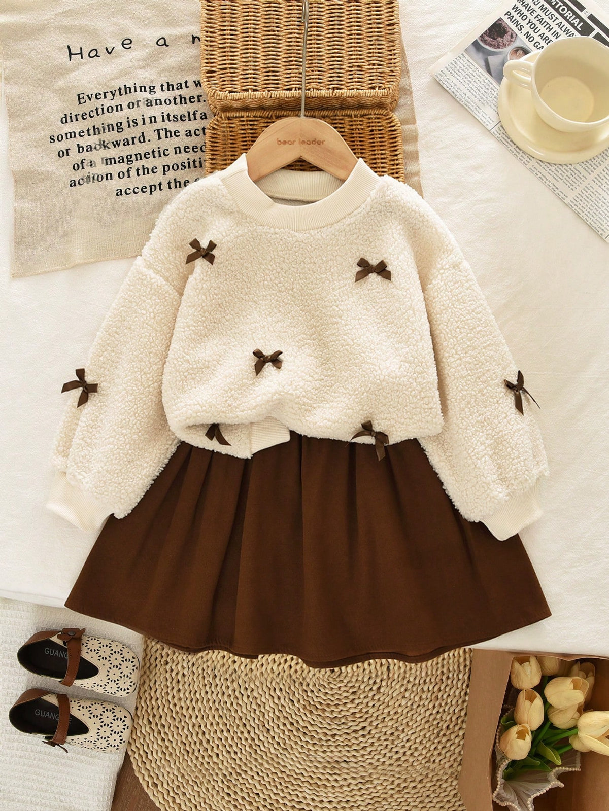 Young Girls Letter & Teddy Fleece Sweatshirt And Skirt Set