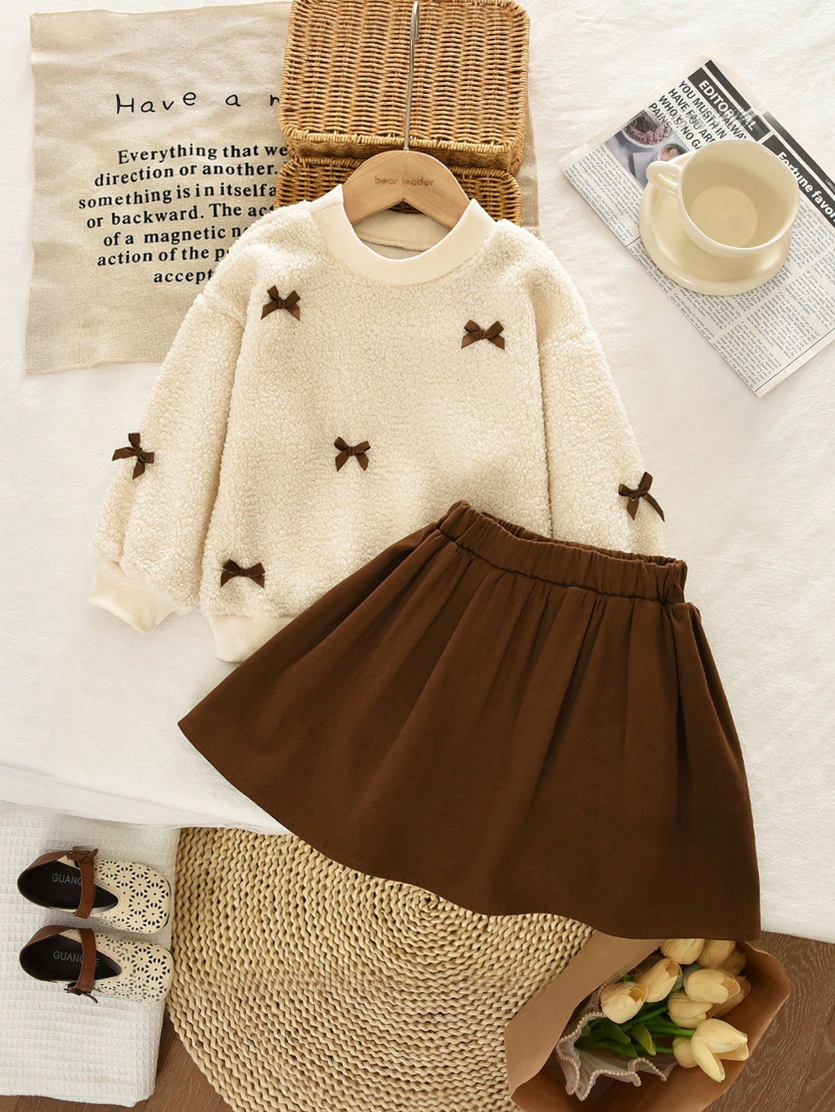 Young Girls Letter & Teddy Fleece Sweatshirt And Skirt Set