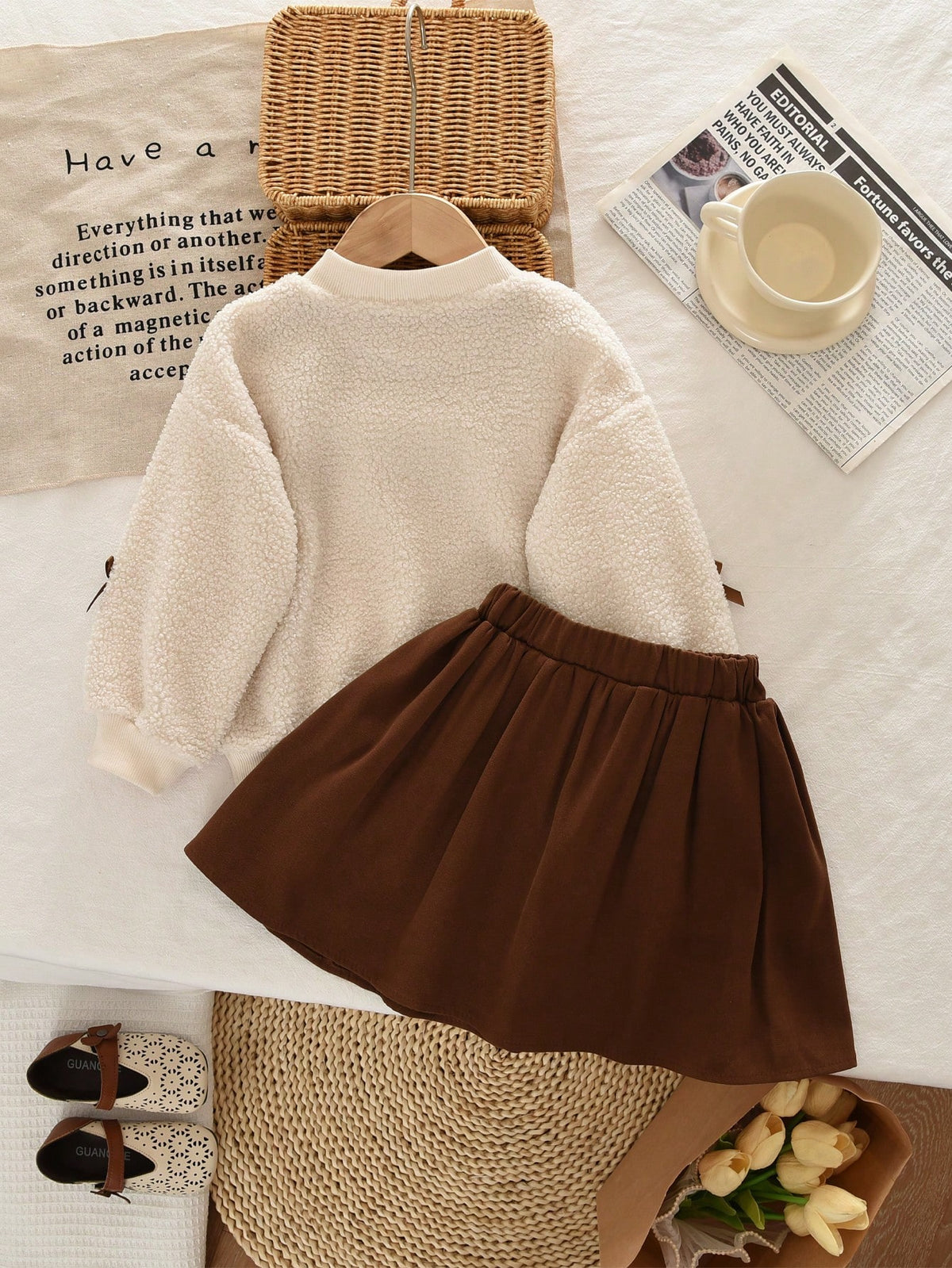 Young Girls Letter & Teddy Fleece Sweatshirt And Skirt Set