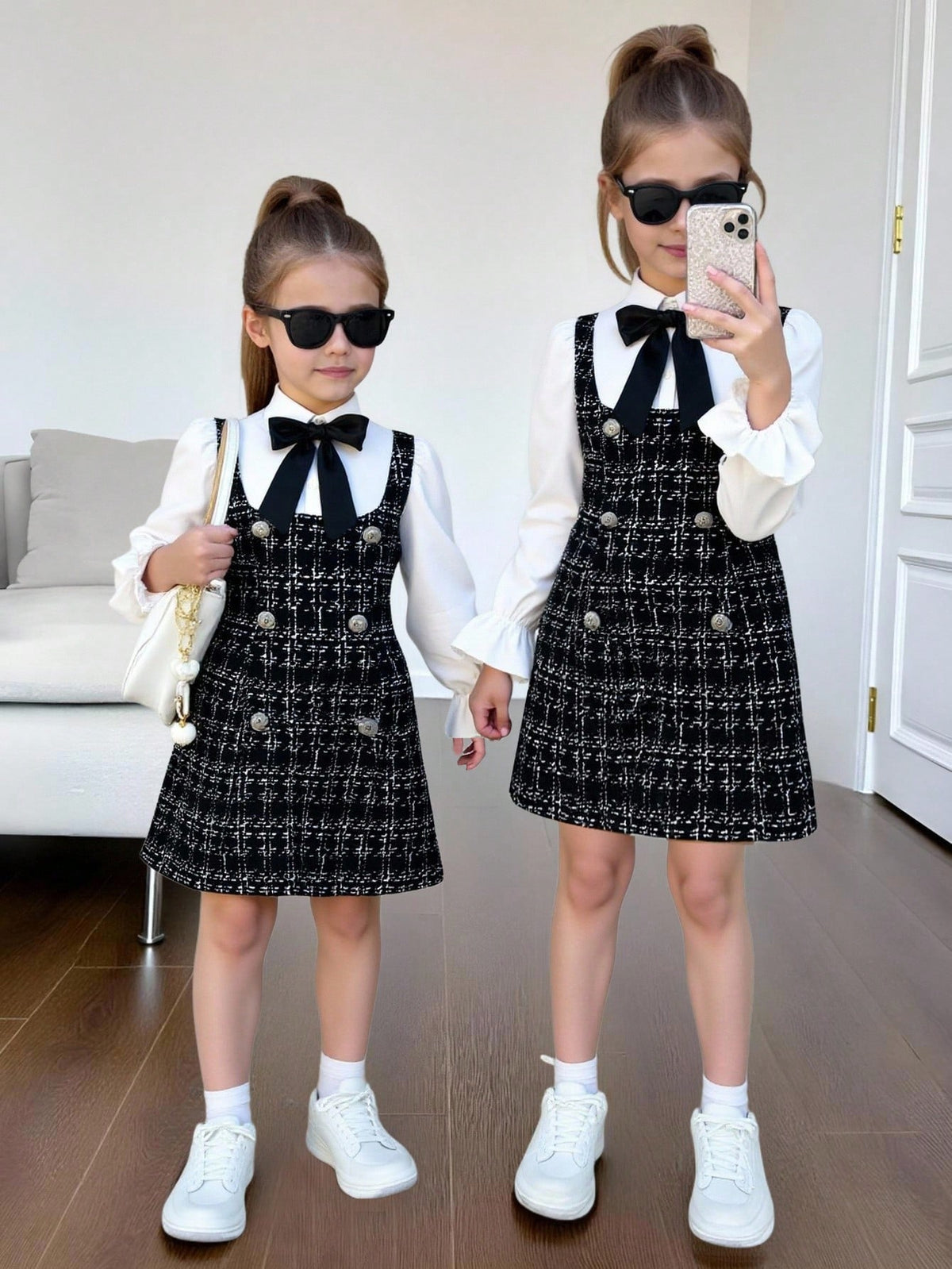 Robe à gâteau à carreaux et blocs de couleurs avec col et manches bouffantes pour jeune fille