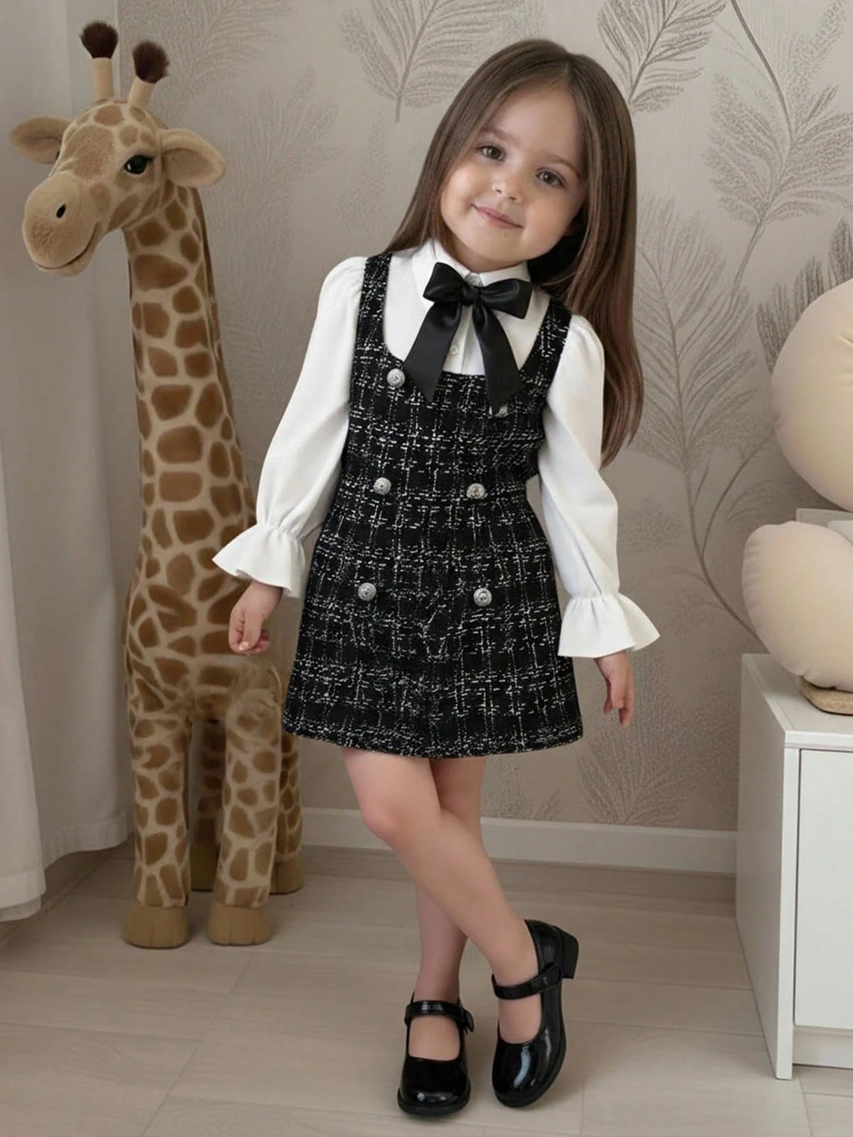 Robe à gâteau à carreaux et blocs de couleurs avec col et manches bouffantes pour jeune fille