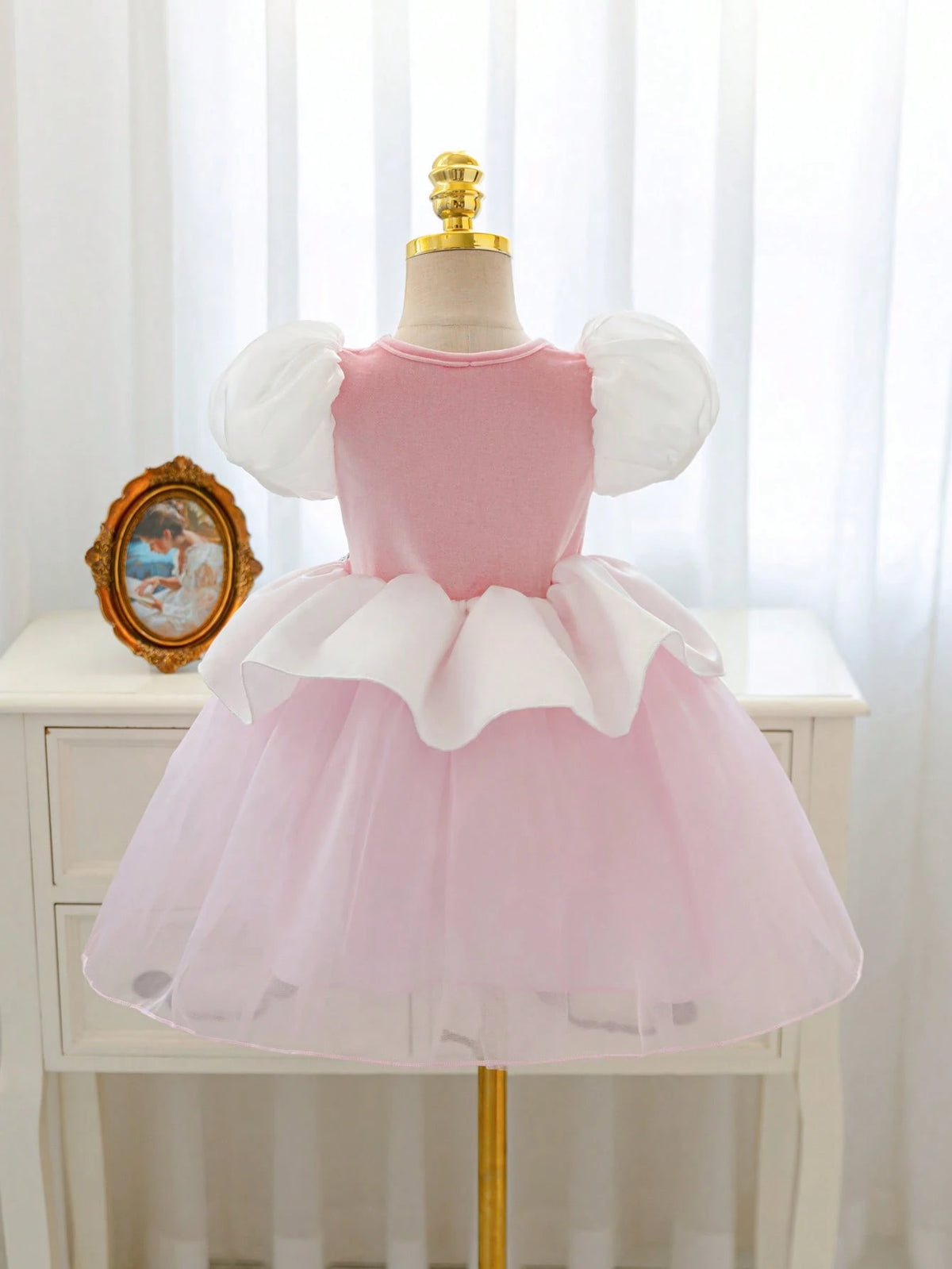 Baby Girl Rhinestone Puff Sleeve Tulle Formal Princess Gown