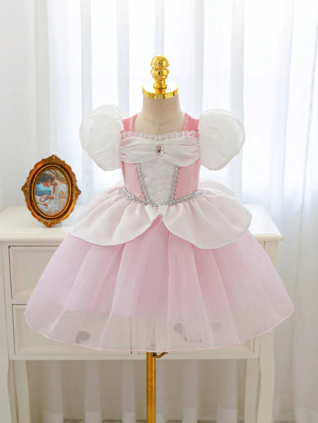Baby Girl Rhinestone Puff Sleeve Tulle Formal Princess Gown