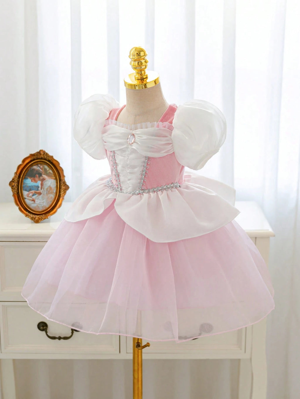 Baby Girl Rhinestone Puff Sleeve Tulle Formal Princess Gown