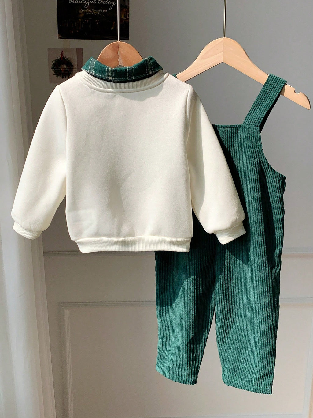 Ensemble sweat thermique et salopette en velours côtelé à carreaux pour bébé garçon